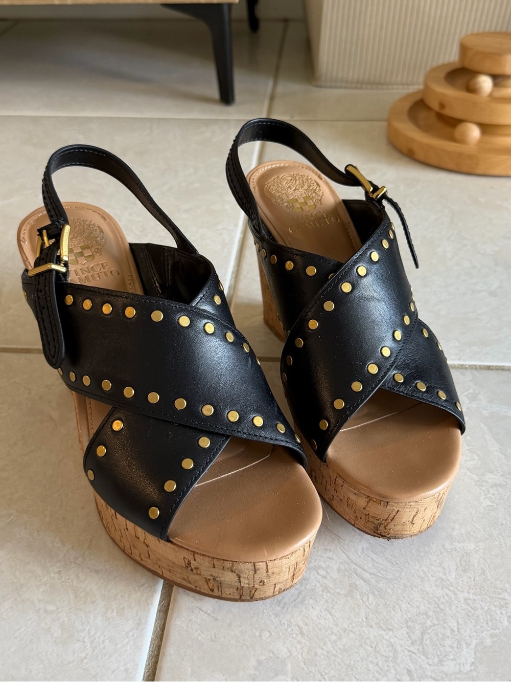 Black Studded Cork Wedge Sandals